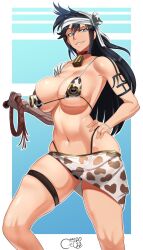 Rule 34 | 1girl, 2022, animal print, bandaged head, bandages, bare shoulders, bell, bikini, black hair, bleach, blue eyes, breasts, castell, cleavage, contrapposto, cow print, cowbell, hair between eyes, hand on own hip, highleg, highleg bikini, highres, holding, holding whip, large breasts, long hair, looking at viewer, navel, neck bell, parted lips, print bikini, print sarong, prosthesis, prosthetic arm, sarong, shiba kuukaku, shoulder tattoo, signature, skindentation, smile, solo, swimsuit, tattoo, thigh strap, thighs, toned, underboob