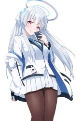 Rule 34 | 1girl, blue archive, highres, itaba atsushi, long hair, long sleeves, pantyhose, purple eyes, simple background, smile, solo, standing, white hair