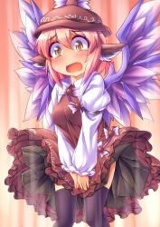 Rule 34 | 1girl, animal ears, black thighhighs, blush, dress, female focus, fun bo, hat, musical note, mystia lorelei, open mouth, pink hair, short hair, solo, symbol-shaped pupils, tears, thighhighs, touhou, wind, wind lift, wings, yellow eyes