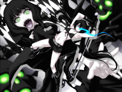 Rule 34 | 10s, armpits, belt, bikini, bikini top only, black hair, black rock shooter, black rock shooter (character), blue eyes, boots, chain, curly hair, dead master, fangs, glowing, glowing eyes, green eyes, iga tomoteru, long hair, midriff, navel, open mouth, pale skin, scar, shorts, smile, swimsuit, sword, twintails, uneven twintails, very long hair, weapon