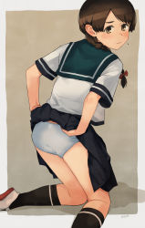 Rule 34 | 1girl, banned artist, black socks, blue sailor collar, blue skirt, braid, brown background, brown eyes, brown hair, clothes lift, commentary request, from behind, highres, kantai collection, kneehighs, long hair, looking at viewer, makio (makiomeigenbot), panties, pleated skirt, sailor collar, school uniform, serafuku, single braid, skirt, skirt lift, socks, solo, underwear, uranami (kancolle), white panties