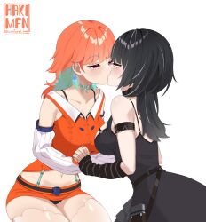 Rule 34 | 2girls, arm warmers, bare shoulders, black dress, black hair, black panties, blush, breasts, cowboy shot, detached sleeves, dress, french kiss, green hair, hakimen, holding hands, hololive, hololive english, kiss, kneeling, large breasts, looking at another, miniskirt, multicolored hair, multiple girls, orange hair, orange skirt, panties, purple eyes, shiori novella, simple background, skirt, takanashi kiara, thighhighs, two-tone hair, underwear, virtual youtuber, white background, white thighhighs, yellow eyes, yuri
