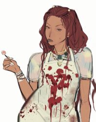 Rule 34 | 1girl, apron, black lips, blood, blood on clothes, blood splatter, blue shirt, brown eyes, candy, character request, closed mouth, commentary, copyright request, expressionless, eyelashes, food, highres, holding, holding candy, holding food, holding lollipop, kissingbrig, lollipop, long hair, looking at viewer, mole, nail polish, necktie, red hair, shirt, short sleeves, solo, t-shirt, tan, upper body, v-shaped eyebrows, white apron, white background, white bracelet, white nails