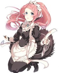 Rule 34 | 1girl, apron, black dress, black footwear, black thighhighs, blue eyes, blush, breasts, brooch, collar, dagger, dress, felicia (fire emblem), fire emblem, fire emblem fates, frilled collar, frills, full body, haru (nakajou-28), jewelry, kneeling, knife, long hair, long sleeves, looking at viewer, maid, maid apron, maid headdress, medium breasts, nintendo, parted lips, pink hair, ponytail, puffy long sleeves, puffy sleeves, simple background, solo, thighhighs, weapon, white background, zettai ryouiki