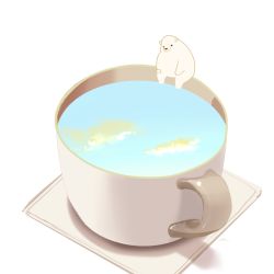 Rule 34 | animal, animal focus, bear, chai (drawingchisanne), cloud, commentary, cup, napkin, no humans, original, polar bear, shadow, signature, simple background, sitting, sky, staring, teacup, undersized animal, white background