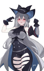 Rule 34 | 1girl, arknights, armpits, arms up, artist name, bare shoulders, black gloves, black headwear, black pants, black shirt, breasts, clothing cutout, cowboy shot, gloves, grey hair, highres, large breasts, long hair, looking at viewer, pants, pre (preecho), red eyes, shirt, simple background, skadi (arknights), skindentation, smile, solo, thigh cutout, tongue, tongue out, very long hair, white background