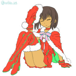 Rule 34 | 1girl, ass, boots, choker, christmas, dress, female focus, flat color, frisk (undertale), full body, gloves, hat, high heel boots, high heels, red heels, santa costume, santa hat, short hair, simple background, solo, thigh boots, thighhighs, undertale, white background