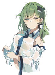 Rule 34 | 1girl, aqua eyes, bare shoulders, breasts, detached sleeves, dripping, frog, frog hair ornament, frown, green hair, hair ornament, hair tubes, higa (gominami), highres, kochiya sanae, long hair, see-through, shirt, simple background, touhou, upper body, wet, wet clothes, wringing clothes