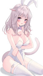 Rule 34 | 1girl, absurdres, animal ears, bare shoulders, blush, bow, bowtie, cat ears, cat girl, cat tail, commentary, detached collar, facial mark, fake animal ears, final fantasy, final fantasy xiv, grey hair, highleg, highleg leotard, highres, leotard, long hair, miqo&#039;te, parted lips, playboy bunny, purple bow, purple bowtie, purple eyes, rabbit ears, simple background, sitting, solo, strapless, strapless leotard, suineco, tail, thigh strap, thighhighs, wariza, warrior of light (ff14), whisker markings, white background, white leotard, white thighhighs, wrist cuffs