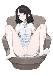 Rule 34 | 1girl, absurdres, black hair, chair, character request, closed mouth, collared shirt, copyright request, ear piercing, feet, grey eyes, highres, lan mao akko, legs, looking at viewer, medium hair, on chair, panties, piercing, pleated skirt, shirt, simple background, sitting, skirt, smile, socks, spread legs, underwear, white background, white panties, white shirt