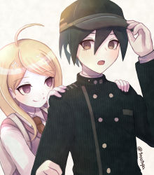 Rule 34 | 1boy, 1girl, :o, ahoge, akamatsu kaede, artist name, backpack, bag, black jacket, breast pocket, brown eyes, brown hair, brown necktie, buttons, collared shirt, commentary request, danganronpa (series), danganronpa v3: killing harmony, double-breasted, fortissimo, hair between eyes, hair ornament, highres, jacket, looking at another, looking at viewer, musical note, musical note hair ornament, necktie, open mouth, pink eyes, pink vest, pocket, saihara shuichi, shirt, short hair, smile, striped clothes, striped jacket, toyatopa, upper body, vest