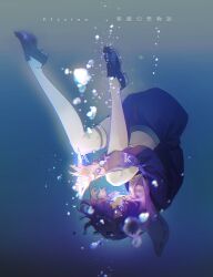 Rule 34 | 1girl, air bubble, black shorts, blue background, bubble, elysion, fetal position, full body, glowing, highres, holding, holding knife, knife, loafers, long sleeves, looking at viewer, plantar flexion, purple eyes, purple hair, ribbon trim, sail, sailor collar lift, sanmen, shoes, short hair, shorts, solo, song name, soror, sound horizon, submerged, thighhighs, underwater, upside-down, water, white thighhighs