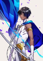 Rule 34 | 1boy, arjuna (fate), armlet, bishounen, blue cape, brown eyes, brown hair, cape, commentary request, dark-skinned male, dark skin, fate/grand order, fate (series), from side, gloves, gold trim, grey background, highres, holding, holding sword, holding weapon, looking at viewer, looking to the side, male focus, profile, shirt, simple background, sleeveless, sleeveless shirt, smile, solo, standing, sword, tenobe, weapon, white gloves, white shirt