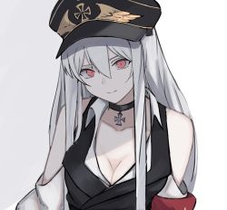 Rule 34 | 1girl, a iri a, bad id, bad pixiv id, black choker, black vest, breasts, choker, cleavage, clothing cutout, collarbone, cross, girls&#039; frontline, hat, highres, kar98k (girls&#039; frontline), long hair, looking at viewer, medium breasts, military hat, peaked cap, red eyes, shoulder cutout, silver hair, simple background, smile, solo, upper body, vest, white background, wing collar