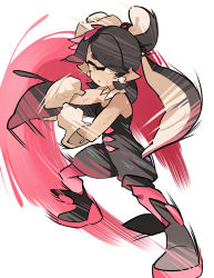 Rule 34 | + +, 1girl, ankle boots, black footwear, black hair, black jumpsuit, boots, brown eyes, callie (splatoon), clenched hands, commentary, detached collar, earrings, english commentary, fighting stance, food, food on head, full body, gloves, gomipomi, inkling, jewelry, jumpsuit, long hair, looking at viewer, mole, mole under eye, motion blur, nintendo, object on head, paint splatter, pantyhose, parted lips, pink pantyhose, pointy ears, short jumpsuit, solo, splatoon (series), splatoon 1, standing, strapless, sushi, swept bangs, tentacle hair, very long hair, white background, white gloves