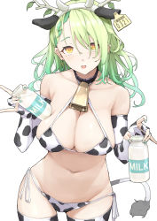 Rule 34 | 1girl, animal ears, animal print, antlers, bare shoulders, bell, bikini, blush, bottle, braid, breasts, ceres fauna, cleavage, cow ears, cow horns, cow print, cow print bikini, cow tail, cowbell, cowboy shot, criss-cross halter, duplicate, ear tag, earrings, elbow gloves, fake animal ears, fake horns, fingerless gloves, gloves, green hair, green nails, hair between eyes, hairband, halterneck, highres, hololive, hololive english, horns, jewelry, large breasts, long hair, looking at viewer, midriff, milk, milk bottle, mitsuru (pixiv 34028718), mole, mole under eye, nail polish, navel, neck bell, open mouth, print bikini, print thighhighs, revision, side-tie bikini bottom, simple background, solo, standing, stomach, swimsuit, tail, thighhighs, virtual youtuber, white background, white hairband, yellow eyes, zettai ryouiki
