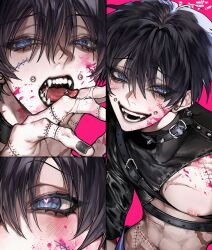 Rule 34 | 1boy, abs, absurdres, asymmetrical clothes, asymmetrical sleeves, black nails, blood, blood on face, blue eyes, chest harness, eyelashes, fangs, fingernails, hair between eyes, harness, highres, long sleeves, looking at viewer, male focus, multiple piercings, multiple views, nipples, open mouth, original, piercing, pink background, short hair, simple background, smile, stitched face, stitched fingers, stitched torso, stitches, syaden, tongue piercing
