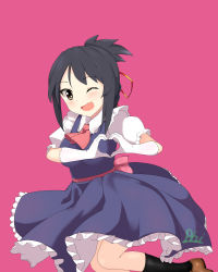 Rule 34 | 10s, 1girl, absurdres, alternate costume, black hair, black socks, brown eyes, commentary, dress, enmaided, fang, gloves, hair ribbon, highres, kimi no na wa., kneehighs, lace, lace-trimmed dress, lace trim, maid, miyamizu mitsuha, moe moe kyun!, one eye closed, open mouth, phiphi, pink background, red ribbon, ribbon, simple background, smile, socks, white gloves