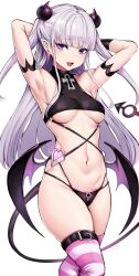 Rule 34 | 1girl, absurdres, agetama, armpits, arms behind head, arms up, blush, breasts, demon girl, demon horns, demon tail, demon wings, fangs, grey hair, hair ornament, highres, horns, light purple hair, long hair, looking at viewer, low wings, naruse maria, navel, open mouth, panties, pointy ears, purple eyes, purple hair, shinmai maou no testament, small breasts, solo, stomach, striped clothes, striped thighhighs, tail, thighhighs, thighs, underboob, underwear, white background, wings