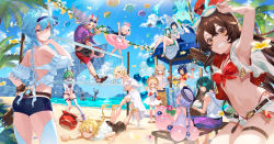 Rule 34 | absurdres, aether (genshin impact), ahoge, albedo (genshin impact), amber (genshin impact), aqua hair, arataki itto, arm strap, arm up, armpits, ass, asymmetrical legwear, backless outfit, ball, bare legs, beach, beach volleyball, beachball, bench, bikini, bikini under clothes, black bikini, black shorts, blonde hair, blue hair, blue sky, bow, braid, braided ponytail, breasts, brown eyes, brown hair, casual one-piece swimsuit, character request, cleavage, closed eyes, cloud, collarbone, drinking, drinking straw, eula (genshin impact), eyewear on head, floating hair, flower, front-tie bikini top, front-tie top, genshin impact, green hair, green shorts, grey hair, hair between eyes, hair bow, hair flower, hair ornament, hand on own hip, harp, hat, highres, holding, holding ball, hood, hood down, hooded jacket, hu tao (genshin impact), innertube, instrument, jacket, klee (genshin impact), kuki shinobu, long hair, looking at viewer, low ponytail, lumine (genshin impact), lying, mask, medium breasts, micro shorts, midriff, mito itsuki, multiple boys, multiple girls, music, navel, ocean, on stomach, one-piece swimsuit, open clothes, open jacket, open mouth, open shorts, paimon (genshin impact), parted lips, playing instrument, purple shirt, purple shorts, qiqi (genshin impact), red bikini, red eyes, sarong, shirt, short hair, short hair with long locks, short shorts, short sleeves, shorts, shoulder blades, side-tie bikini bottom, single braid, single thighhigh, sitting, sky, sleeveless, sleeveless jacket, small breasts, stomach, straw hat, sunglasses, sunlight, swim ring, swimsuit, thighhighs, thighlet, twintails, venti (genshin impact), very long hair, visor cap, volleyball net, w, white-framed eyewear, white bikini, white bow, white flower, white jacket, white one-piece swimsuit, white shirt, white shorts, white thighhighs, xiangling (genshin impact), xiao (genshin impact), yellow eyes