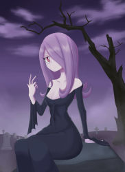 Rule 34 | 1girl, bare shoulders, black dress, breasts, cleavage, covered navel, dress, hair over one eye, little witch academia, long hair, medium breasts, purple hair, solo, sucy manbavaran