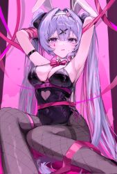 1girl arms_behind_head black_leotard bound clothing_cutout fishnet_pantyhose fishnets hatsune_miku heart_cutout leotard pantyhose playboy_bunny pole rabbit_hole_(vocaloid) ribbon s_im7u sitting solo vocaloid