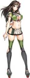 Rule 34 | 10s, 1girl, amagi (kancolle), arm behind back, arm grab, bare shoulders, blush, bow, breasts, brown eyes, brown hair, cleavage, cleavage cutout, clothing cutout, crop top, female focus, flower, full body, green thighhighs, hair between eyes, hair bow, hair flower, hair ornament, hair ribbon, hip vent, hiyohiyo, kantai collection, large breasts, long hair, looking at viewer, matching hair/eyes, midriff, miniskirt, mole, mole under eye, navel, no panties, parted bangs, plant, pleated skirt, ponytail, ribbon, simple background, skirt, smile, solo, standing, thighhighs, thighs, white background