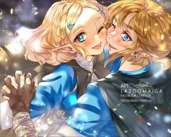 Rule 34 | 1boy, 1girl, blonde hair, blue eyes, blush, braid, cheek-to-cheek, couple, crown braid, earrings, gloves, green eyes, happy, heads together, highres, holding hands, interlocked fingers, jewelry, lazoomaiga, link, long hair, looking at viewer, nintendo, one eye closed, open mouth, pointy ears, princess zelda, short hair, smile, the legend of zelda, the legend of zelda: breath of the wild, the legend of zelda: tears of the kingdom, wink