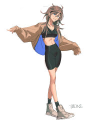 Rule 34 | 1girl, absurdres, bike shorts, black shorts, black socks, black sports bra, blue eyes, breasts, brown footwear, brown hair, brown sweater, collarbone, commentary, english commentary, full body, hair behind ear, hair between eyes, highres, jacket, long sleeves, looking to the side, medium breasts, midriff, navel, open clothes, original, pointing, shoes, shorts, simple background, sketch, sleeves past wrists, smile, sneakers, socks, solo, sports bra, sweater, tb choi12, white background
