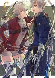 Rule 34 | :/, alisaie leveilleur, alphinaud leveilleur, arm on another&#039;s shoulder, brother and sister, chikuihaku, final fantasy, final fantasy xiv, fingerless gloves, floating, floating object, floating weapon, gloves, hair ribbon, jacket, looking at viewer, open mouth, pointy ears, ponytail, pout, red jacket, red mage (final fantasy), ribbon, sage (final fantasy), short shorts, shorts, siblings, silver hair, thighhighs, twins