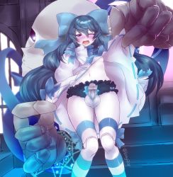 Rule 34 | 1girl, 1other, absurdres, bloomers, blue hair, blush, clothes lift, dress, dress lift, erection, futa with other, futanari, futanari, giant, hair ribbon, highres, little witch nobeta, lomy913f, long hair, penis, ribbon, size difference, solo focus, tania (little witch nobeta), testicles, underwear