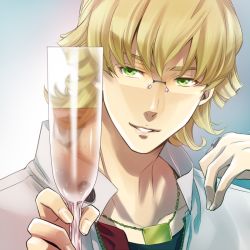 Rule 34 | 10s, 1boy, barnaby brooks jr., blonde hair, cup, drinking glass, glasses, green eyes, h-saiga, jacket, jewelry, looking at viewer, male focus, necklace, red jacket, solo, tiger &amp; bunny, wine glass