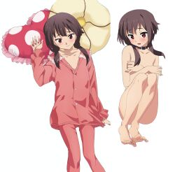 Rule 34 | 1girl, absurdres, barefoot, blush, brown hair, collar, completely nude, feet, flat chest, full body, head on pillow, heart, heart-shaped pillow, highres, kono subarashii sekai ni shukufuku wo!, long sleeves, looking at viewer, lying, marusankaku, megumin, multiple views, nude, open mouth, pajamas, pants, pillow, red eyes, red pajamas, red pants, red shirt, shirt, short hair with long locks, simple background, toes, white background