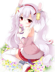 Rule 34 | 1girl, :o, animal ears, azur lane, bare shoulders, blush, breasts, camisole, commentary request, flower, fuuna thise, hair between eyes, hairband, jacket, laffey (azur lane), long hair, long sleeves, looking at viewer, looking back, off shoulder, parted lips, pink jacket, pleated skirt, purple flower, rabbit ears, red eyes, red hairband, red skirt, shoes, silver hair, sitting, skirt, small breasts, solo, thighhighs, twintails, very long hair, wariza, white camisole, white flower, white footwear, yellow flower