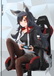 Rule 34 | 1girl, absurdres, animal ear fluff, animal ears, bad id, bad pixiv id, black choker, black hair, black shorts, brown pantyhose, chair, choker, collarbone, commentary request, controller, gaming chair, hair between eyes, hair ornament, hairclip, highres, holding, holding controller, hololive, hood, hoodie, knee up, long hair, long sleeves, multicolored hair, ookami mio, ookami mio (casual), pantyhose, playstation controller, red hair, shorts, sidelocks, sitting, smile, sthk, swivel chair, tail, tail around own leg, two-tone hair, virtual youtuber, wolf ears, wolf girl, wolf tail, yellow eyes