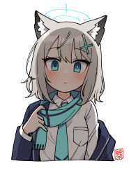 Rule 34 | 1girl, adjusting scarf, animal ear fluff, animal ears, blazer, blue archive, blue jacket, blue necktie, blue scarf, blush, breast pocket, closed mouth, collared shirt, cross hair ornament, expressionless, grey hair, hair ornament, halo, jacket, junsuina fujunbutsu, looking at viewer, medium hair, mismatched pupils, necktie, open clothes, open jacket, pocket, scarf, school uniform, shaded face, shiroko (blue archive), shirt, simple background, solo, striped clothes, striped scarf, upper body, white background, white shirt, wolf ears