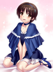 Rule 34 | 1boy, between legs, black choker, black hairband, black shirt, black skirt, blue capelet, blue footwear, blush, brown eyes, brown hair, capelet, choker, collarbone, commentary, commission, company connection, cosplay, english commentary, frilled capelet, frilled choker, frills, full body, hair between eyes, hairband, hand between legs, high heels, key (company), kushima kamome, kushima kamome (cosplay), little busters!, looking at viewer, naoe riki, no socks, open mouth, pink background, second-party source, shirt, short hair, shy, simple background, sitting, skeb commission, skirt, skull and crossbones, solo, summer pockets, trap, v arms, wariza, wavy mouth, zen (kamuro)