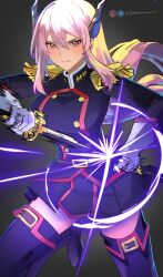 Rule 34 | 1girl, absurdres, black footwear, black jacket, black skirt, boots, drawing sword, foot out of frame, glint, highres, holding, holding sword, holding weapon, jacket, knownameart, long hair, looking at viewer, mato seihei no slave, purple eyes, purple hair, scabbard, sheath, skirt, smirk, solo, speed lines, standing, standing on one leg, sword, thigh boots, uniform, uzen kyouka, weapon