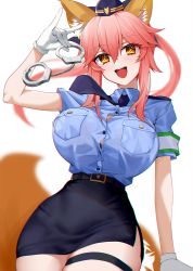 Rule 34 | 1girl, :d, animal ears, belt, breasts, chromatic aberration, fate/extra, fate (series), fox ears, fox tail, gloves, hair between eyes, hat, highres, large breasts, long hair, necktie, official alternate costume, open mouth, pink hair, police, police uniform, policewoman, simple background, smile, solo, tail, tamamo (fate), tamamo no mae (fate/extra), tamamo no mae (police fox) (fate), teeth, thigh strap, uniform, white background, white gloves, wrist cuffs, xiujia yihuizi, yellow eyes
