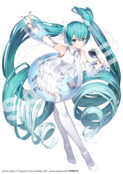 Rule 34 | absurdly long hair, aqua hair, arm up, artist name, blue eyes, blush, copyright name, crypton future media, detached sleeves, hatsune miku, hatsune miku expo, highres, holding, holding microphone, long hair, looking at viewer, microphone, piapro, ryota (ry o ta), sample watermark, second-party source, shadow, shirt, simple background, sleeveless, sleeveless shirt, smile, thighhighs, twintails, very long hair, vocaloid, watermark, web address, white background, white shirt, white thighhighs