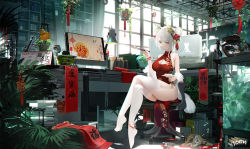 Rule 34 | 1girl, alternate hairstyle, animal ear fluff, animal ears, anklet, aquarium, arknights, bad id, bad pixiv id, banner, bare shoulders, basket, bell, blush, book, breasts, cat, cat ears, china dress, chinese clothes, chopsticks, cleavage, cleavage cutout, closed mouth, clothing cutout, crossed legs, desk, desk lamp, double bun, dress, food, fruit, full body, fur shawl, garter straps, globe, green eyes, hair bell, hair bun, hair ornament, hair ribbon, holding, holding chopsticks, holding plate, indoors, jewelry, jingle bell, kal&#039;tsit (arknights), ladder, lamp, large breasts, looking at viewer, monitor, no shoes, omone hokoma agm, plant, plate, potted plant, red dress, red ribbon, ribbon, shawl, shelf, short hair, silver hair, sitting, sleeveless, sleeveless dress, smile, solo, thighhighs, thighs, translation request, white thighhighs, window, wristband, zzz