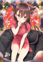 Rule 34 | 1girl, :o, animal ears, between legs, blurry, blurry foreground, blush, breasts, brown eyes, brown hair, cat ears, cat girl, cat tail, china dress, chinese clothes, commentary request, depth of field, double bun, dress, fake animal ears, hair between eyes, hair bun, hair ribbon, hand between legs, hand up, highres, looking at viewer, maruma (maruma gic), original, parted lips, pink ribbon, red dress, ribbon, short dress, short sleeves, signature, sitting, small breasts, solo, tail, wooden floor
