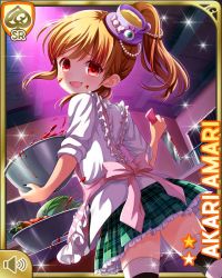 Rule 34 | 1girl, amari akari, apron, beads, blood, bowl, brown hair, cabbage, card, card (medium), carrot, character name, cowboy shot, cup, evil smile, frilled apron, frills, from behind, gem, girlfriend (kari), glint, green skirt, hair beads, hair ornament, holding, holding knife, holding weapon, indoors, jpeg artifacts, ketchup, knife, looking at viewer, looking back, multicolored hair, nail polish, official art, pearl (gemstone), plaid, plaid skirt, ponytail, qp:flapper, red eyes, red hair, salad, school uniform, shirt, short hair, side ponytail, skirt, sleeves rolled up, smile, solo, standing, striped clothes, striped thighhighs, teacup, thighhighs, tomato, weapon, white shirt, zettai ryouiki