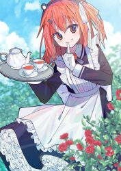 Rule 34 | 1girl, a.i. voice, adachi rei, alternate costume, android, apron, artificial eye, black dress, blurry, blurry background, blurry foreground, blush, cloud, cloudy sky, commentary, cup, day, dress, enmaided, finger to mouth, flower, frilled apron, frills, gloves, grin, hair ornament, hair ribbon, hairclip, headlamp, headphones, highres, holding, holding tray, leaning forward, lens eye, long sleeves, looking at viewer, maid, mechanical eye, one side up, orange eyes, orange hair, outdoors, petticoat, red flower, red rose, ribbon, rose, rose bush, shushing, sky, smile, solo, standing, tea, teacup, teapot, tray, utau, white apron, white gloves, white ribbon, yuyu no suke