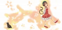 Rule 34 | 1girl, animal ears, bobby socks, brown eyes, brown hair, cat, cat ears, cat tail, chen, female focus, hat, mary janes, multiple tails, shoes, shorts, smile, socks, solo, tail, touhou, walking, white socks, yoi (tokoyoi)
