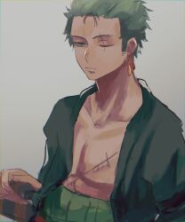 Rule 34 | 1boy, bandana around arm, commentary request, earrings, green hair, green kimono, grey background, haramaki, highres, japanese clothes, jewelry, kimono, looking to the side, machida 0906, male focus, one eye closed, one piece, roronoa zoro, scar, scar across eye, scar on chest, short hair, sideburns, simple background, solo, sword, upper body, weapon