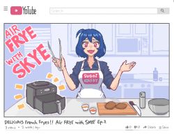 Rule 34 | 1girl, ahoge, apron, blue hair, blue shirt, brand name imitation, breasts, collarbone, collared shirt, cooking, cutting board, fang, food, hair between eyes, hcnone, highres, kitchen, kitchen knife, looking at viewer, medium breasts, meme attire, microwave, open mouth, original, pink eyes, pixel art, shirt, short hair, short sleeves, skye (hcnone), sleeves rolled up, smile, solo, sugoi dekai, tongs, white apron, youtube