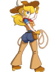 Rule 34 | 1girl, ass, blonde hair, blue eyes, boots, breasts, chaps, cowboy hat, cowgirl outfit, cowgirl peach, from behind, gloves, gonzarez, hat, highres, long hair, looking at viewer, looking back, mario (series), medium breasts, nintendo, pants, ponytail, princess peach, princess peach: showtime!, rope, smile, solo, tight clothes, tight pants