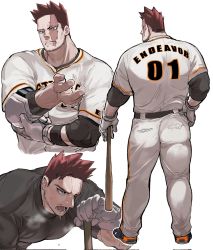 Rule 34 | 1boy, bara, baseball bat, baseball jersey, baseball uniform, bigoppiniko, blue eyes, boku no hero academia, compression shirt, elbow gloves, endeavor (boku no hero academia), facial hair, gloves, hand on own hip, highres, jersey, leather, leather belt, male focus, manly, mature male, muscular, muscular male, open mouth, pants, red hair, scar, scar on face, short hair, simple background, solo, spiked hair, sportswear, stubble, sweat, sweatdrop, teeth, thick arms, thick thighs, thighs, tight clothes, tongue, white background