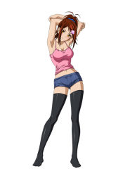 Rule 34 | 1girl, arms behind head, arms up, bachou mouki, black thighhighs, breasts, brown hair, camisole, cleavage, female focus, full body, hair ornament, ikkitousen, looking at viewer, midriff, navel, no shoes, official art, simple background, solo, standing, thighhighs, white background, yellow eyes